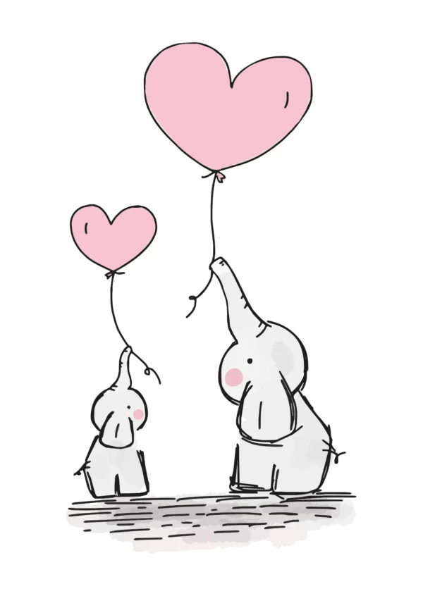 Wit geboortekaartje met een grote en kleine olifant die allebei een roze hartjes ballon vasthouden met hun slurf.